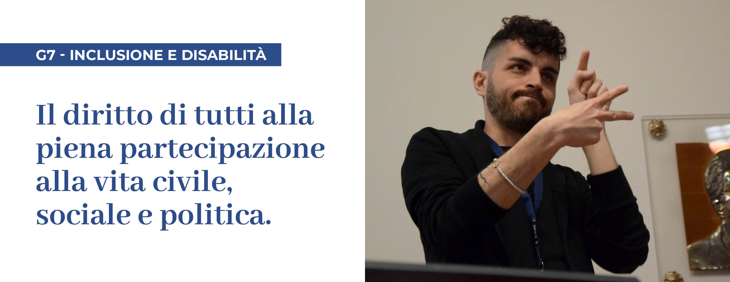 G7 Inclusione e disabilità: nell'immagine, un giovane tiene un discorso utilizzando la lingua dei segni